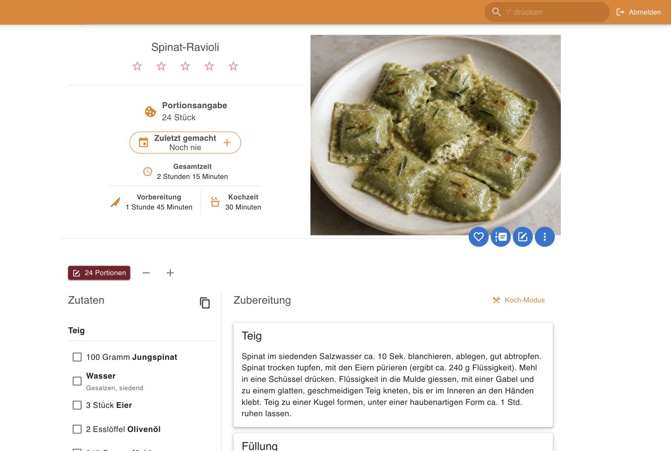 Mealie-Rezeptdetail mit Bild, Portionen, Zutaten und Zubereitungsschritten