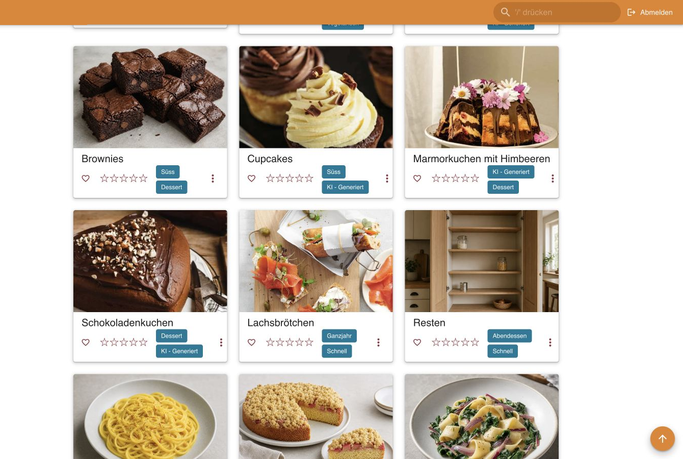 Mealie-Rezeptübersicht mit Suchfiltern und Rezeptkarten im orangefarbenen Originaldesign